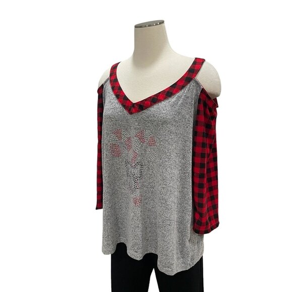 Christmas Top 1X Plaid Sleeves Cold Shoulder Candy Cane Festive Holiday Winter - Picture 8 of 9